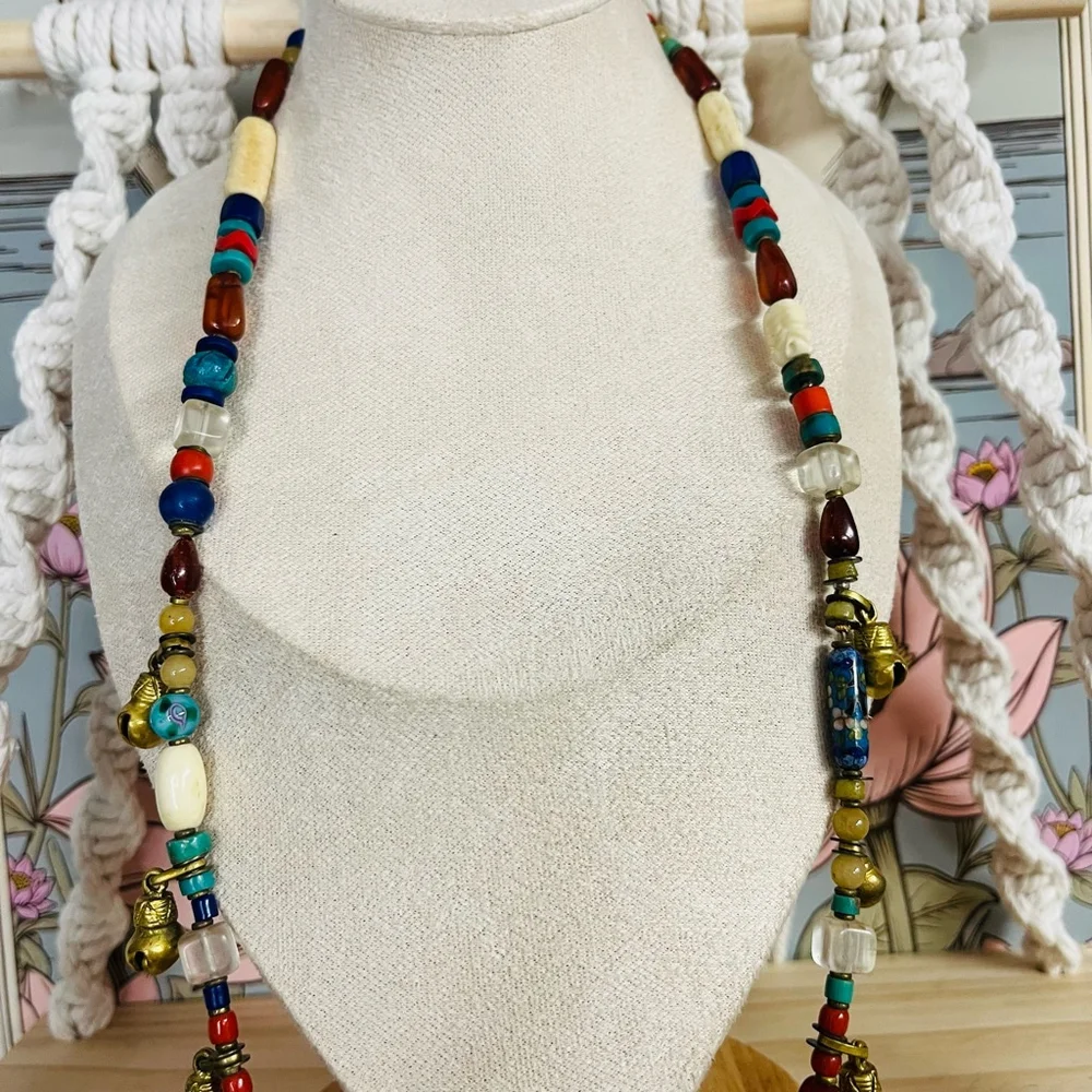 Vintage Tribal‎ Prayer Necklace | Gemstone Beads Brass Pendant | India